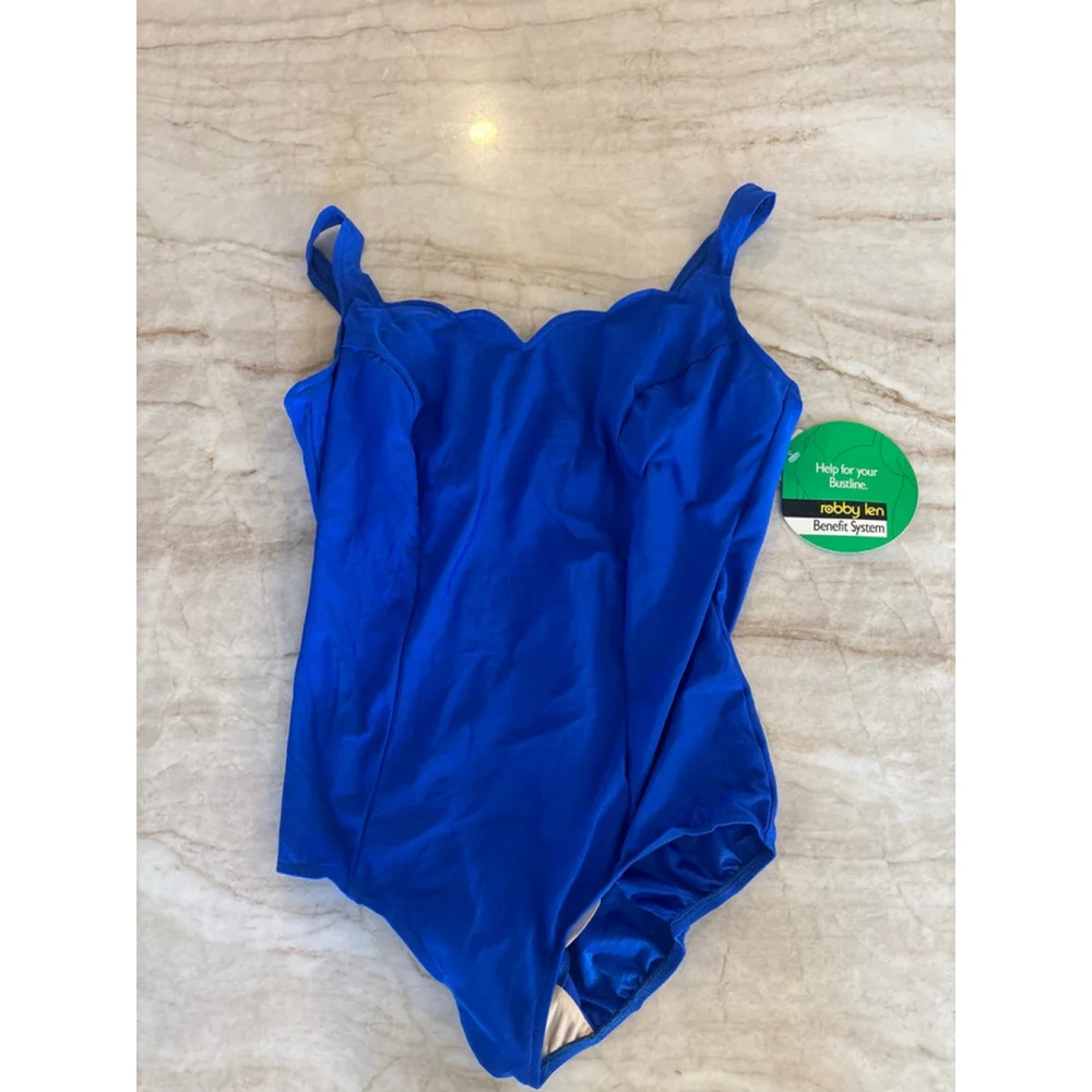 Vintage Women's Robby Len Cobalt Blue One Piece Swimsuit 24W with Beige Lining